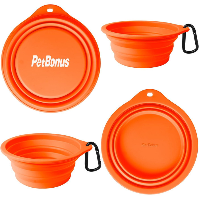 Складані годівниці для собак PetBonus, 2 шт. Силіконові миски для води та корму для собак у подорожах, з карабіном, 1000 мл (Помаранчевий, Жовтий)