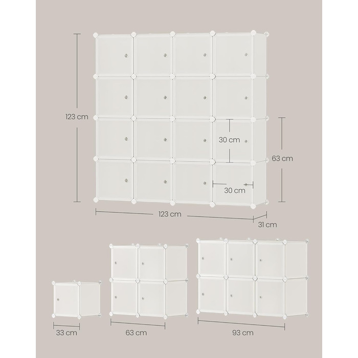 SONGMICS Regal System, Shoe Rack, Set of 16 Cubes, Plastic Closet Organizer with Doors, Modular Shelf, Storage for Clothes, Shoes, and Books, Easy Assembly, LPC443G01 (16 Cubes (123B x 123H cm), Cream White)