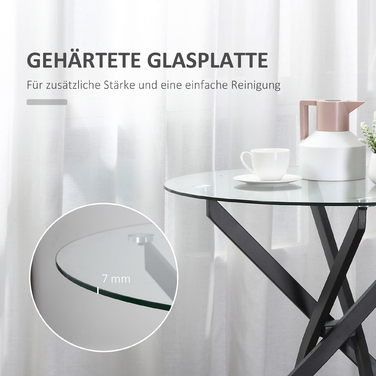 HOMCOM Modern Glass Dining Table, 80 cm Diameter, Kitchen Table with Tempered Glass Top and Metal Legs, for 4 People