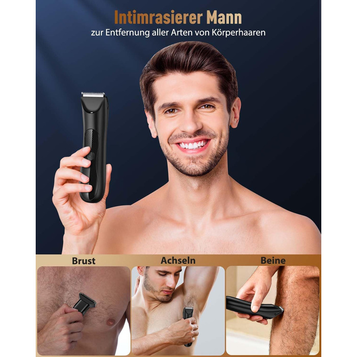 Електричний триммер для чоловіків 3-в-1 Intimrasierer: для носа, обличчя, тіла. Вологостійкий (IPX7), з зарядною станцією. Чорний