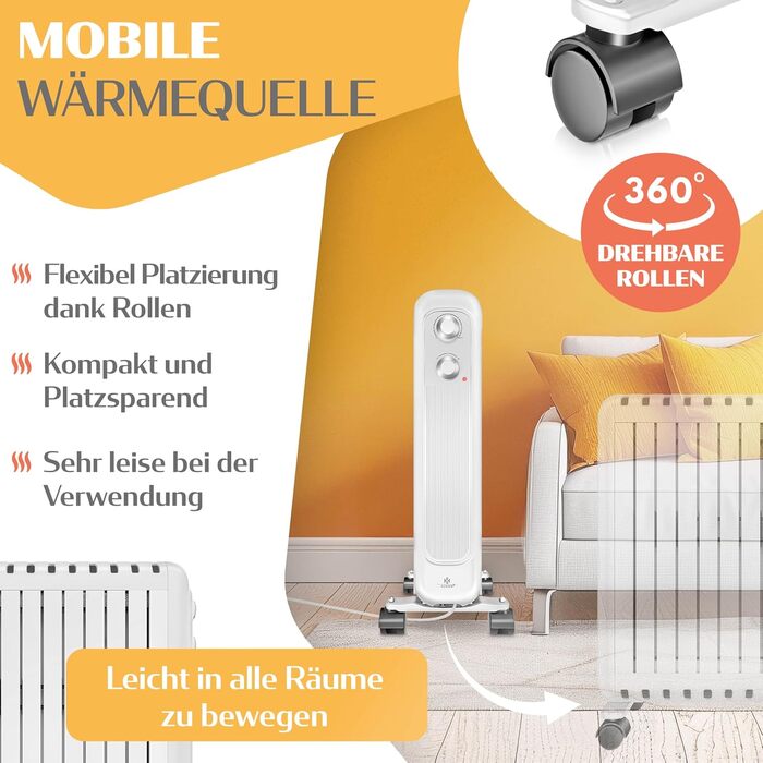 Масляний радіатор KESSER® 2500W з термостатом | Електричний обігрівач, 3 режими нагріву, білий