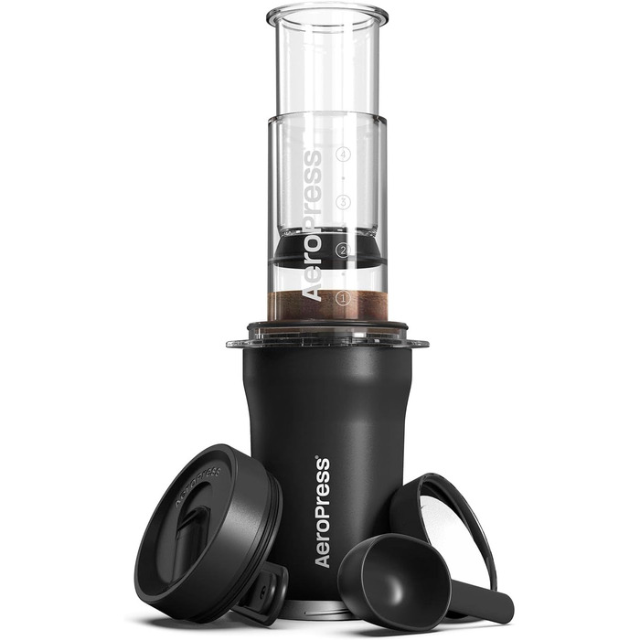 AeroPress Go Plus – портативна кавоварка 3-в-1 для подорожей і кемпінгу, французький прес, пуровер, еспресо, насичена кава без гіркоти, чорна