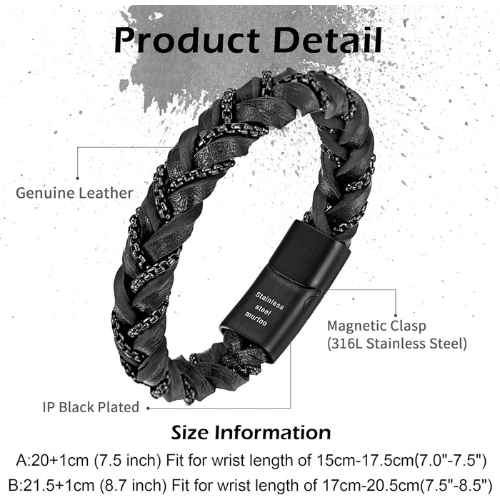 Чоловічий шкіряний браслет преміум-класу, чорний та коричневий, з нержавіючою сталевою застібкою-магнітом, 22 см