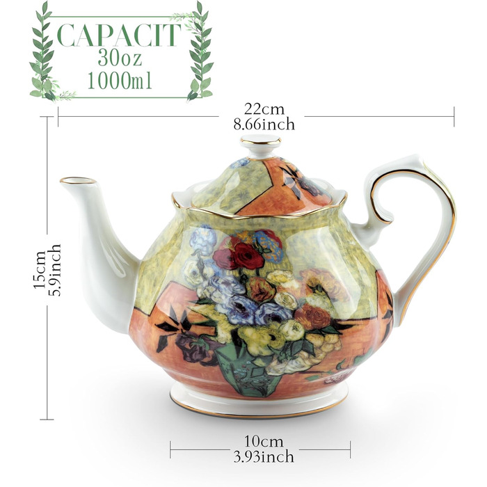 Порцелянова чайник 1 л Vintage Floral з кісткового фарфору, біла троянда, чайник-кавник Sternenhimmel для чайної вечірки, подарунок, квіткові вази