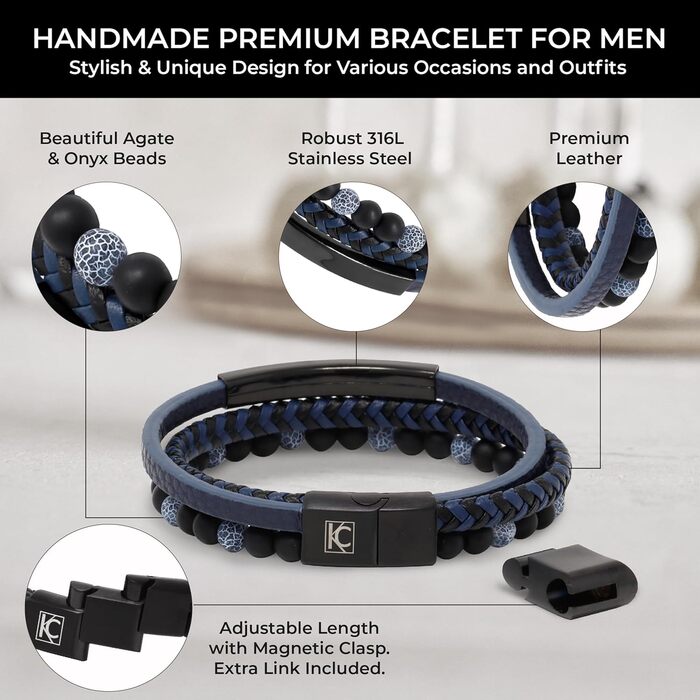 Браслет чоловічий шкіряний з тигровим оком та лавовим каменем, ручної роботи, з гравіюванням, регульований магнітний замок (синій)