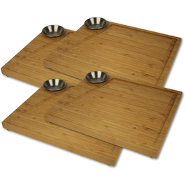 Bamboo Steak Board Set of 4 with Stainless Steel Sauce Containers and Juice Groove, Professional Wooden Serving Board for Meat, with 4 Non-Slip Feet, Dimensions: 30 x 25 x 3 cm