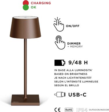 Стильна LED-лампа Stilosa на акумуляторі, бездротова, диммувана, з сенсорним керуванням, USB-C, для дому та вулиці, квадратна основа (30 см), бронза