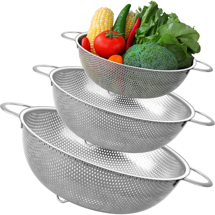 Ніж Sieb Homikit, нержавіюча сталь, сито для макаронів з ручками, мікроперфороване Ø, сито для стікання/миття/проціджування/миття, нержавіюче, здорове та придатне для миття в посудомийній машині (3, 28+22+16 см)