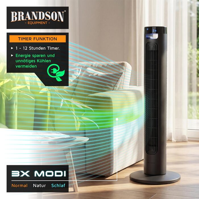 Вентилятор підлоговий Brandson з LED дисплеєм та пультом дистанційного керування - 3 швидкості, поворотний, надтихий