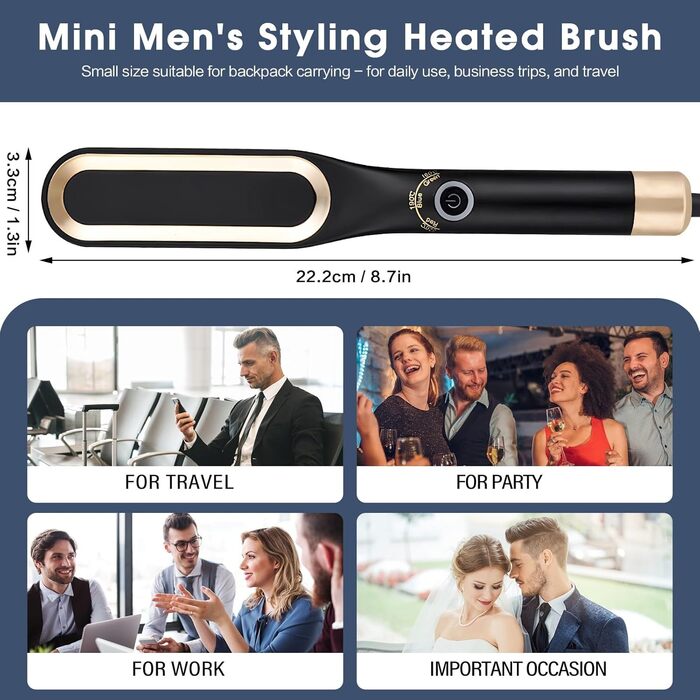Електричний випрямляч для бороди чоловічий, міні-щітка для випрямлення бороди та волосся, 3 температурні режими (160°C-220°C), 3D-щітка