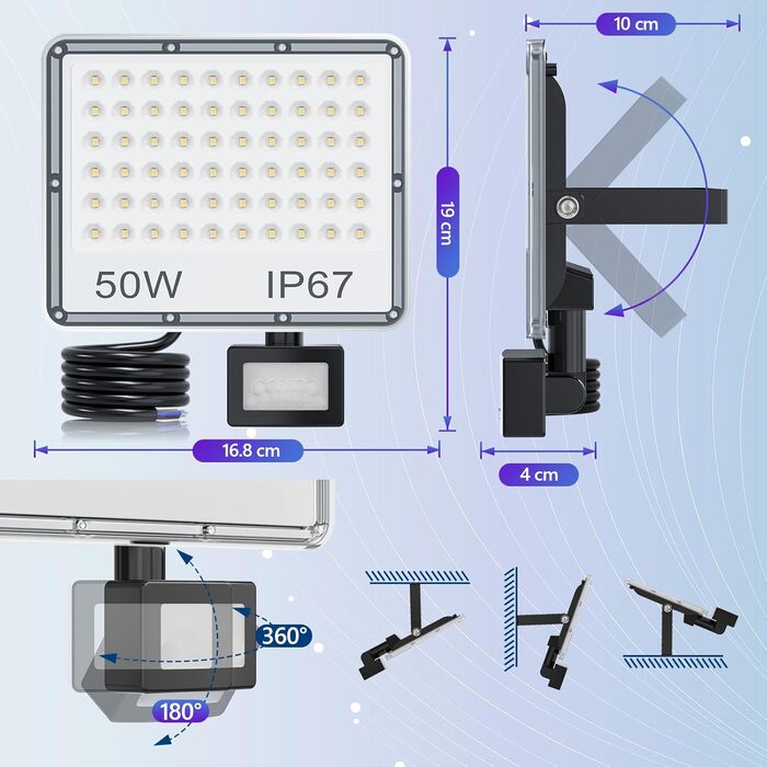 LED Floodlights with Motion Sensor Outdoor 50W 2 Pack, 5000LM LED Spotlights with Motion Sensor, 7000K Cool White Outdoor Floodlights, IP67 Waterproof Floodlights for Warehouse, Garden, Garage