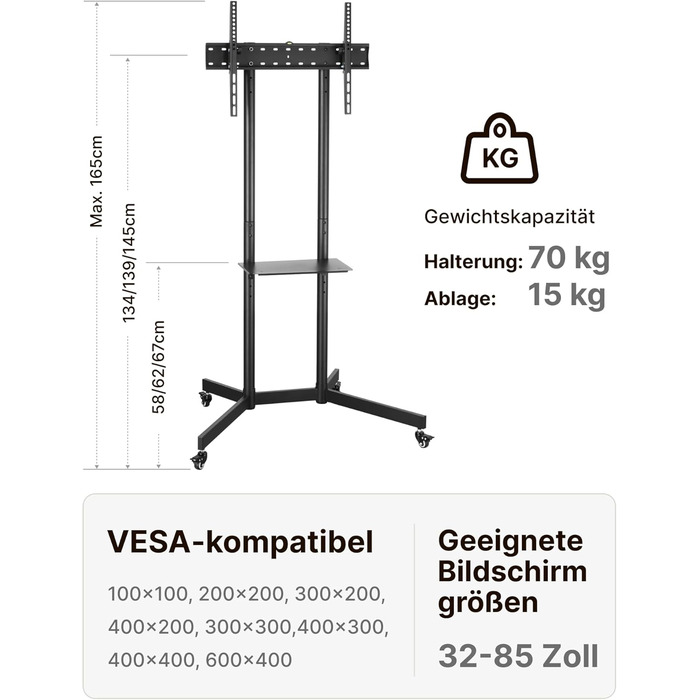 Підставка для телевізора ECOTINY на коліщатках, чорна, до 85 кг, VESA 600x400 мм