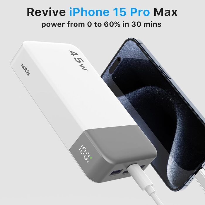 Повербанк NOBIS Power Bank 20000mAh 45W з цифровим дисплеєм та кабелем USB-C, швидка зарядка для смартфонів, планшетів та ноутбуків (Білий)