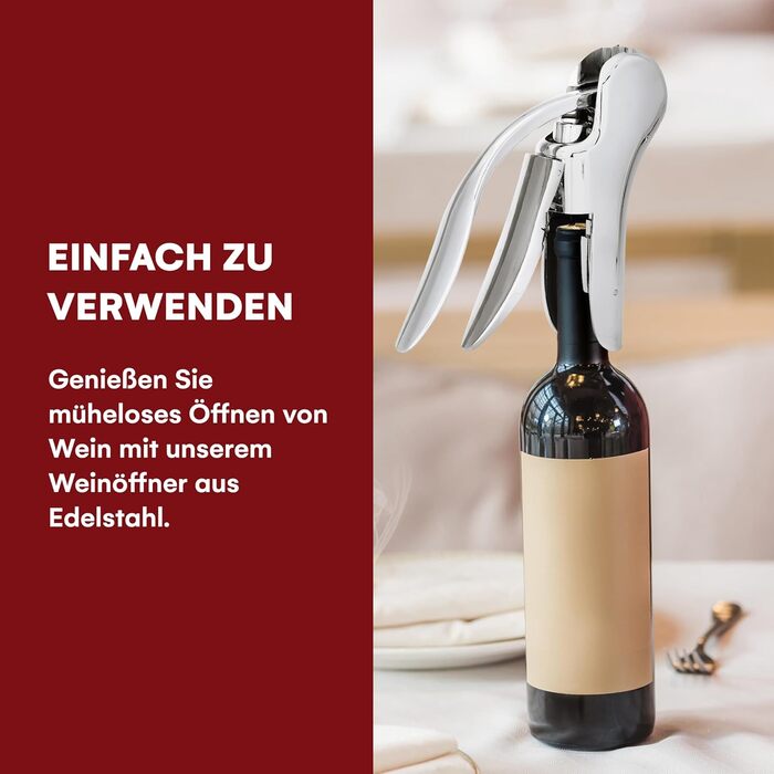 Kitchtic Wine Opener - Wine Bottle Opener - Stainless Steel - Opens in just 3 seconds with a quick up and down motion - Waiter's Knife - includes foil cutter - Silver