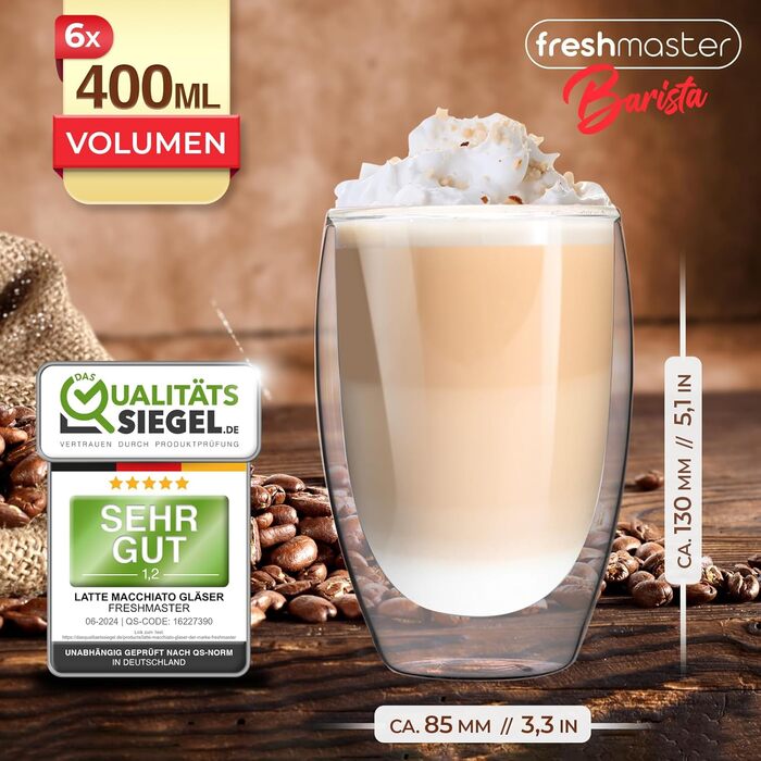 Latte Macchiato Glasses - Barista Premium Quality for the Best Enjoyment - 400 ml Thermo Glass Cups Set, Double-Walled | Double-Walled Coffee Glasses (6x400ml)