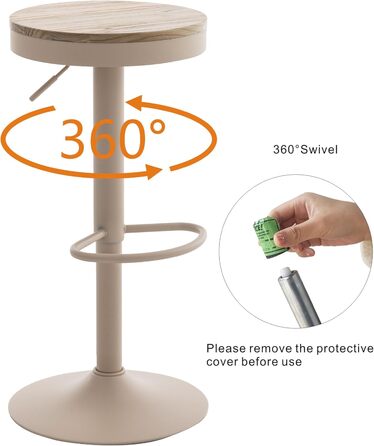 Kidol Adjustable Height Bar Stools 2-Pack - 360° Swivel, Round Wood Seat, Metal Frame - Kitchen/Bar/Living Room Stools