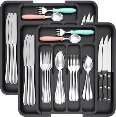 Lifewit 2 Pack Cutlery Box, Adjustable Width from 23 to 37 cm Cutlery Insert for Drawers, 5 to 7 Compartments Drawer Cutlery Organizer for Kitchen, Small Cutlery Holder for Spoons/Forks, Black
