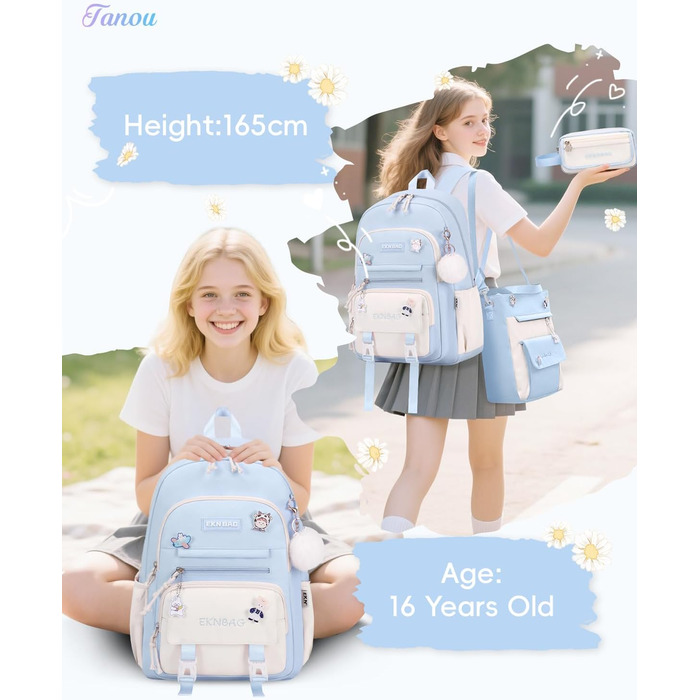 Рюкзак Tanou для дівчаток, шкільний набір: рюкзак, сумка через плече та пенал. Шкільний рюкзак для підлітків, casual, блакитний.