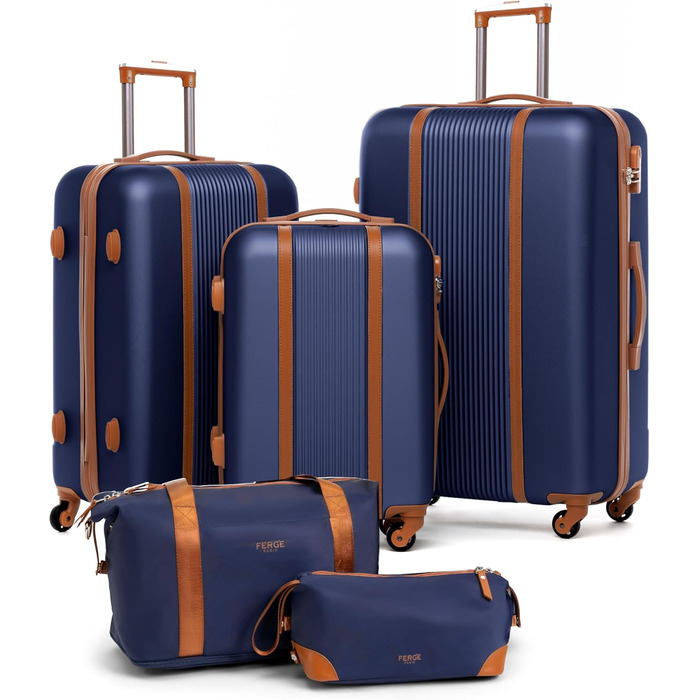 Набір валіз FERGÉ Milano 5-ти частинний з жорстким корпусом + сумка для подорожей + косметичка - 3 шт. (Бежевий/Блакитно-коричневий)