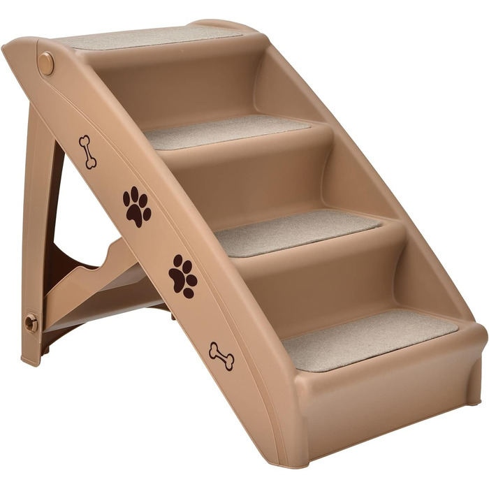 COSTWAY 4-Step Pet Staircase with Carpet, Dog Stairs Plastic Cat Stairs Folding, Portable Dog Ramp Pet Stairs for Dogs and Cats, Pet Ramp for Climbing and Scratching (Brown)