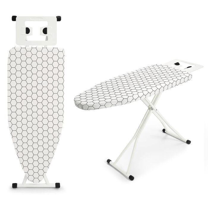 Прасувальна дошка 110 x 38 x 64-77 см, регульована по висоті, з антиковзкими ніжками та чохлом з бавовни, з підставкою для праски (біле в квадратик)