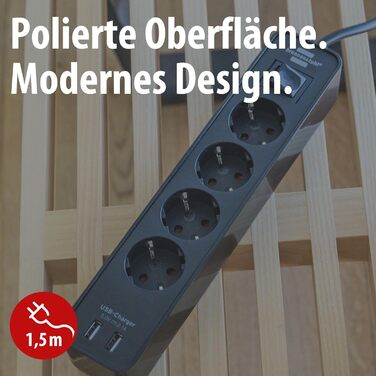 Брененштуль Ecolor Розподільник розеток на 4 розетки з USB-зарядкою (чорний) з вимикачем та кабелем 1.5м