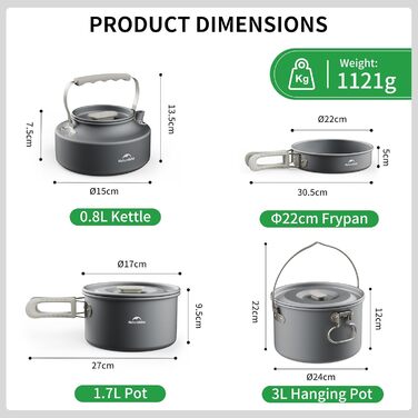 Набір посуду Naturehike для кемпінгу та приготування їжі на 2-7 осіб: каструлі, сковорідки для кемпінгу, пікніків та BBQ