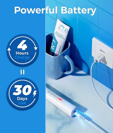 Електрична зубна щітка Demita зі звуковими коливаннями, 8 насадок, 40000 VPM, 5 режимів, швидка зарядка (30 днів роботи), S1, 3-білий