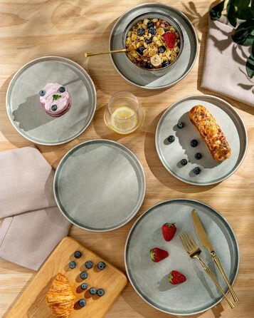 Набір посуду GBhome з реактивної глазурі для 6 осіб (18 предметів), ручна робота, керамічний посуд, безпечний для мікрохвильової печі та посудомийної машини, набір тарілок та мисок, колір Immergrün (Desret Salbei)