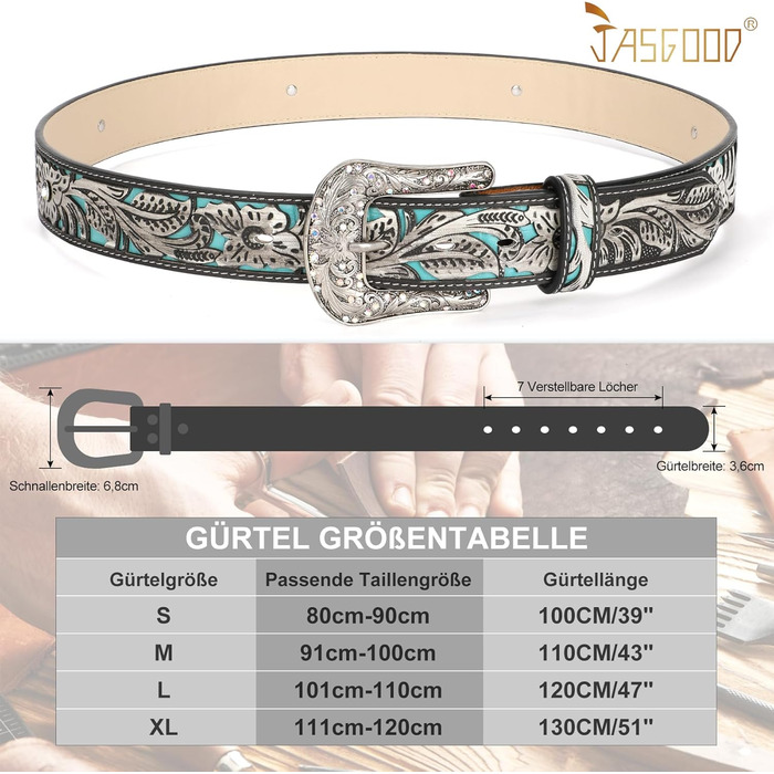 Жіночий та чоловічий шкіряний ремінь в стилі вестерн JasGood, гравіювання, ковбойський ремінь для джинсів, штанів, суконь (2-сірий, 130 см, підходить для талії 106-120 см)