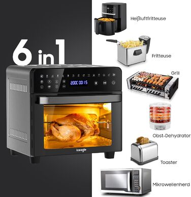 Iceagle Hot Air Fryer XXL Airfryer 15 Liter, Fryer with 13 Programs, Mini Oven, Dehydrator Function, LCD Display, including Recipe Book and Accessories, 1800W 15L