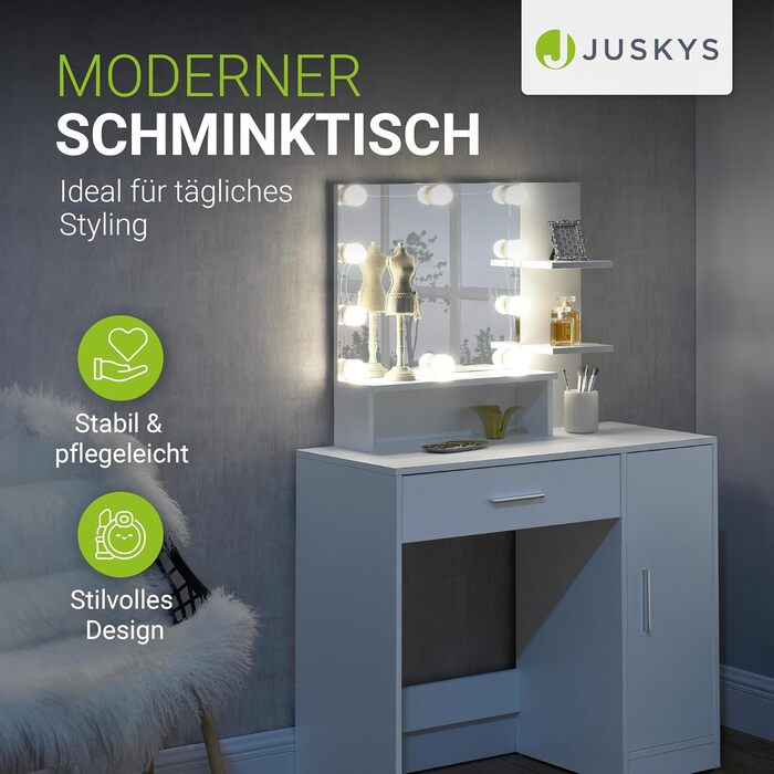 Туалетний столик Juskys Zoey з LED підсвіткою, дзеркалом, шухлядою, 3 відділеннями та шафкою, 90x38x137 см, білий, дерев'яний косметичний стіл