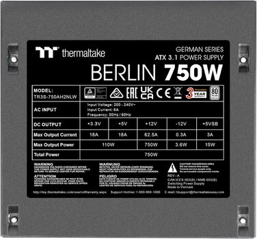 Блок живлення Thermaltake Hamburg German Series 750W, ATX 3.1, PCIe 5.1, 80 Plus White, низький рівень шуму