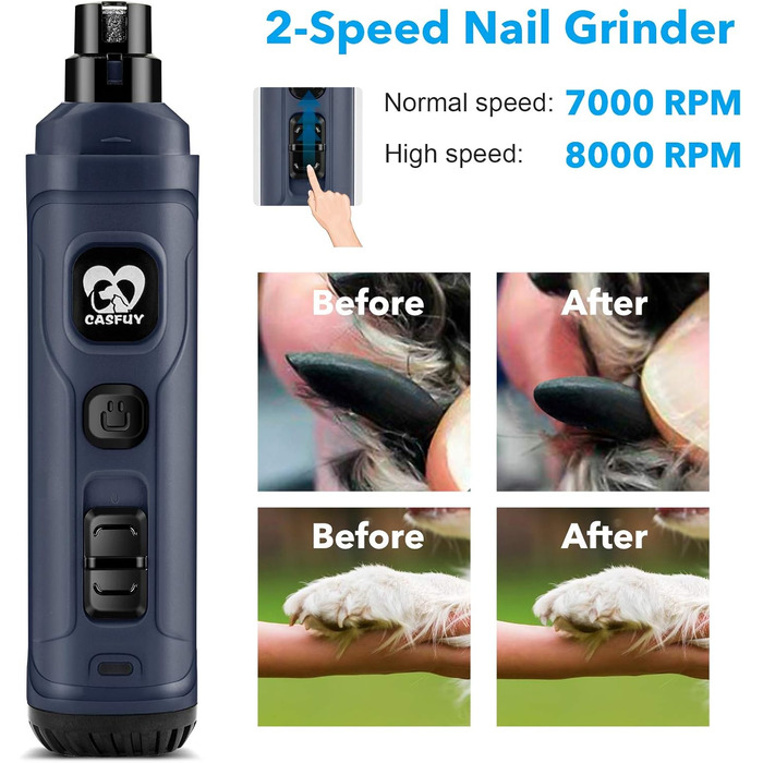 Електричний точилка для кігтів собак та котів Casfuy з LED-підсвіткою, 2 швидкості, тихий, для собак та котів малих та середніх порід (Navy Blue)