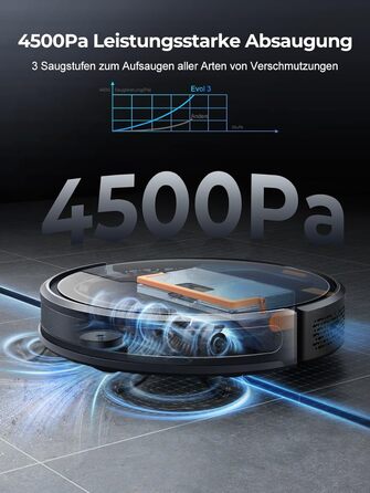 Робот-пилосос Laresar з функцією миття, 4500Pa, 3-в-1, з пультом дистанційного керування, 180 хвилин роботи, для тварин, килимів, твердих підлог, чорний