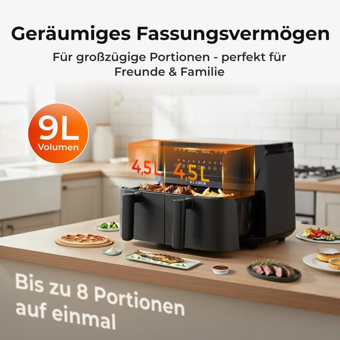 Аерофритюрниця KLAMER Duo 9L з двома незалежними кошиками, функціями Sync та Match, темно-сіра