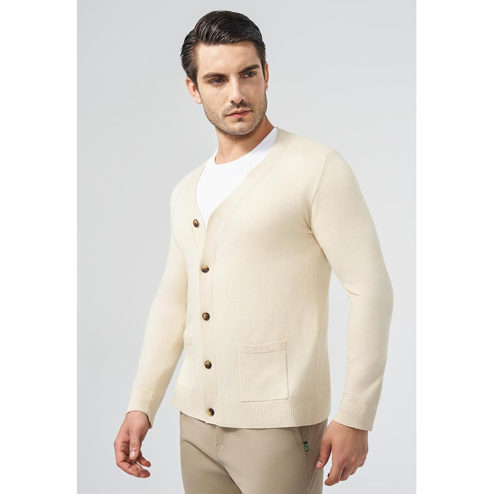 Чоловічий светр з V-подібним вирізом KUYIGO, в'язаний, з ґудзиками, з кишенями, легкий, м'який, apricot (3XL, XL)