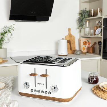 Тостер Salter Toronto 1.7L з функцією скороварки, 360° обертання, фільтром від накипу, дерев'яним дизайном, бездротове підключення, захистом від перегріву, автоматичним вимкненням та контролером Otter (білий)