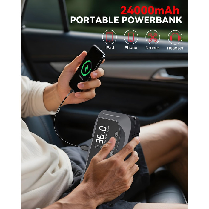 Портативний пусковий пристрій OGORI з компресором 150 PSI та LED-ліхтариком, 7000A, для автомобілів 12V (8L бензин/10L дизель)