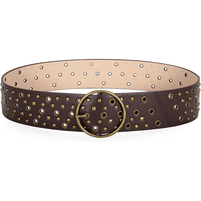 Жіночий широкий пояс JasGood з прорізними пірсингами та круглою застібкою, пояс з пірсингом, пояс для талії для вінтажних джинсів, штанів, суконь. Розмір S (підходить для талії до 88 см) (Коричневий, Розмір S (підходить для талії до 88 см))