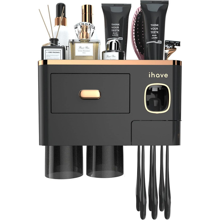 IHave Toothbrush Holder Wall Mounted, Bathroom Toothbrush Holder with Toothpaste Dispenser, 3 Cup Toothbrush Holder with Drawer, Large Capacity Toothbrush Organizer Bathroom (2 Cups, Black Gold)