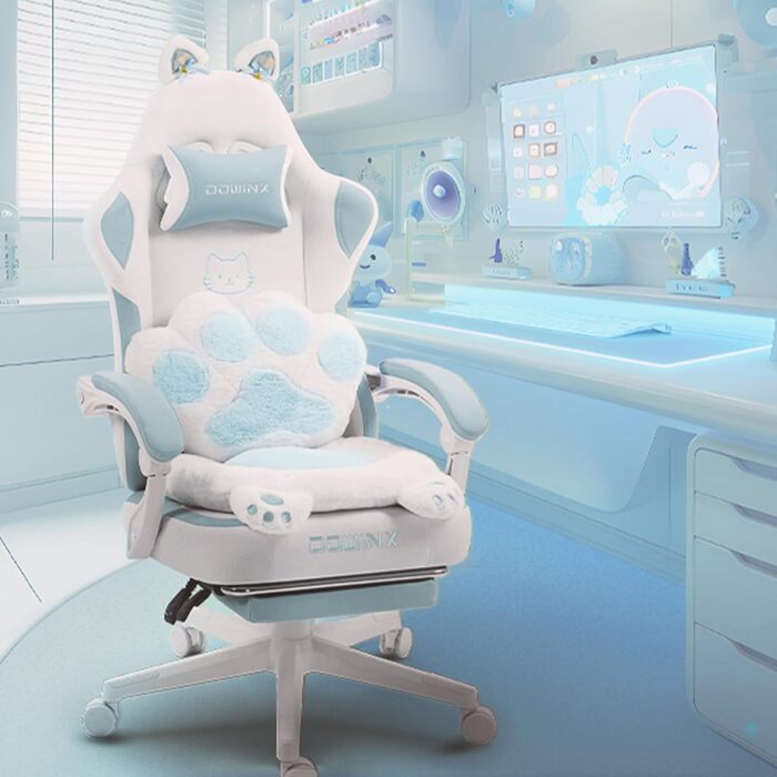 Ігровий крісло Dowinx з підніжкою, ергономічний, з дизайном лапок кота, тканинний, без крил, регульований, для дорослих, блакитний