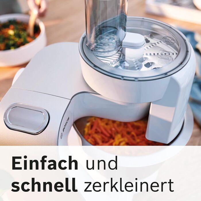 Кухонний комбайн Bosch Serie 4 MUM58W20, 1000 Вт, 3,9 л, міксер 1,25 л, планетарне змішування, насадки з нержавіючої сталі, білого/сріблястого кольору