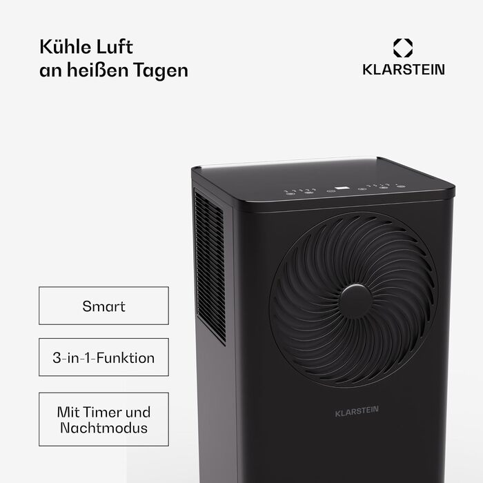 Klarstein Aero Ring Mobile Klimaanlage: 9000 BTU, 3-в-1 (Охолодження, Зволожувач, Вентилятор), Smart App, Голосове керування, для приміщень до 31 м², Клас енергоефективності A, R290, Кольори: Чорний
