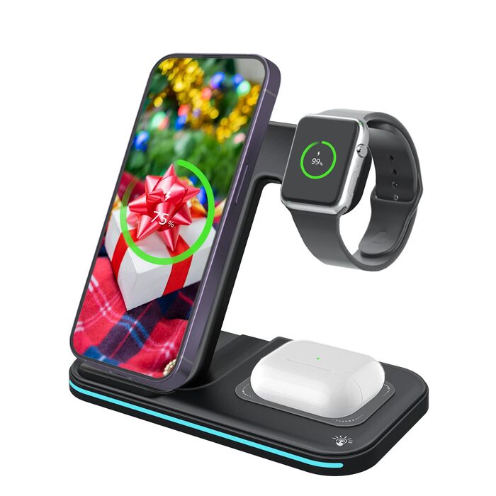 MMOBIEL Бездротова зарядка 3-в-1 для iPhone, Apple Watch та AirPods - 15W швидка індуктивна зарядка - Чорний колір