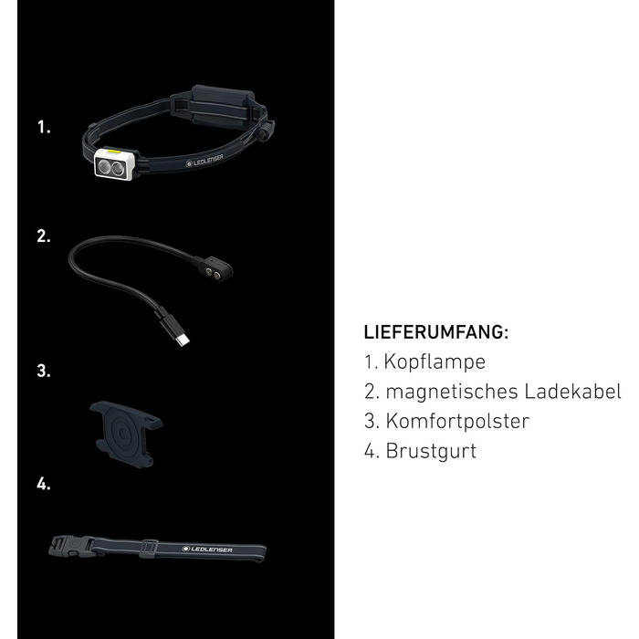 Ліхтарик налобний Ledlenser NEO5R для бігу, 600 лм, акумуляторний, з червоним заднім світлом, відбиваючий ремінець, грудний ремінь, поворотна голівка, чорний/сірий
