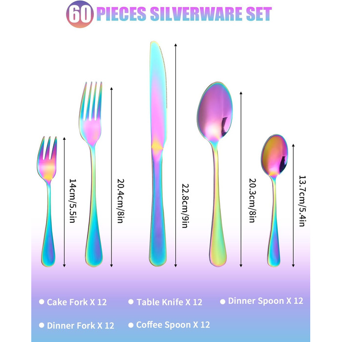 12-Person Flatware Set, 60-Piece Fantasy Color Flatware, High-Gloss Polished and Dishwasher Safe, Elegant Fantasy Color Matte Flatware, with Knife, Fork, and Spoon, for Home, Party, Restaurant