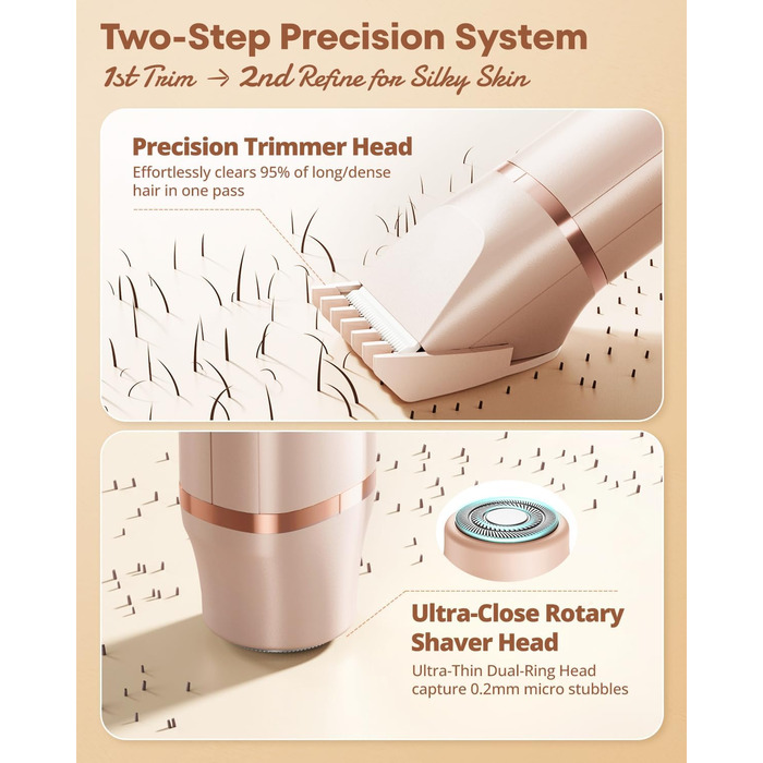 Електричний триммер для бікіні VG VOGCREST: безболісний жіночий депілятор для тіла, для рук, ніг, зони бікіні (рожеве золото)