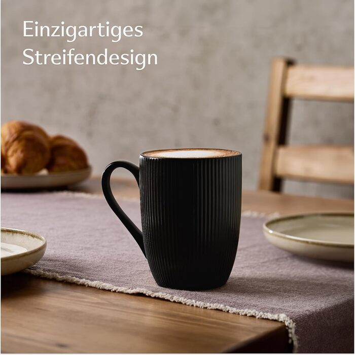 Coffee Mugs 6-Piece Set Modern Black - Unique Stripe Pattern - Matte Ceramic - Microwave Safe - Dishwasher Safe & Comfortable Handle