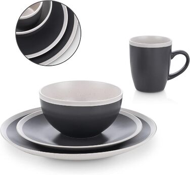 Набір посуду Stone Lain Serenity Steingut, 16 предметів (сервіз на 4 особи), темно-сірий та кремовий, придатний для миття в посудомийній машині та використання в мікрохвильовій печі